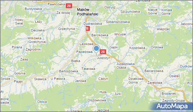 mapa Juszczyn, Juszczyn gmina Maków Podhalański na mapie Targeo